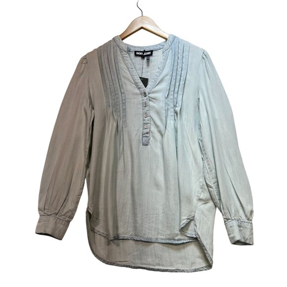 NWT DKNY Jeans Womens Blouse Small Light Washed Blue Denim Long Sleeve Pintuck - Picture 1 of 13